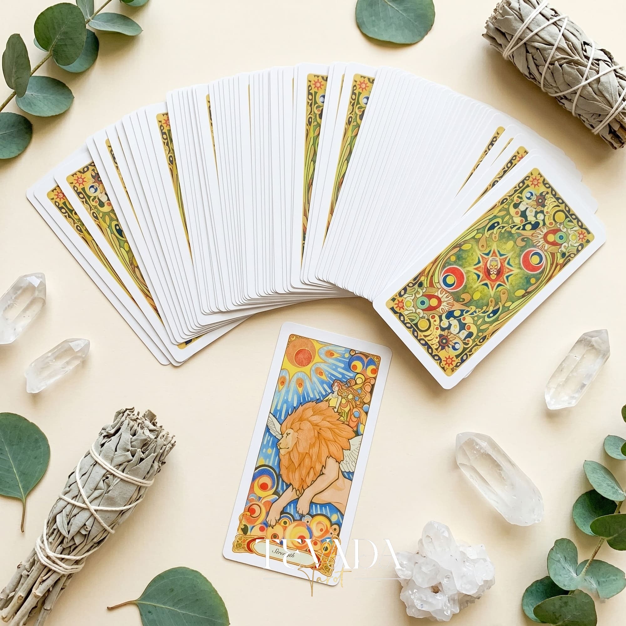 Whispers of Healing Tarot Deck Art Nouveau indie tarot deck with gold foil edges for gentle inner child healing.