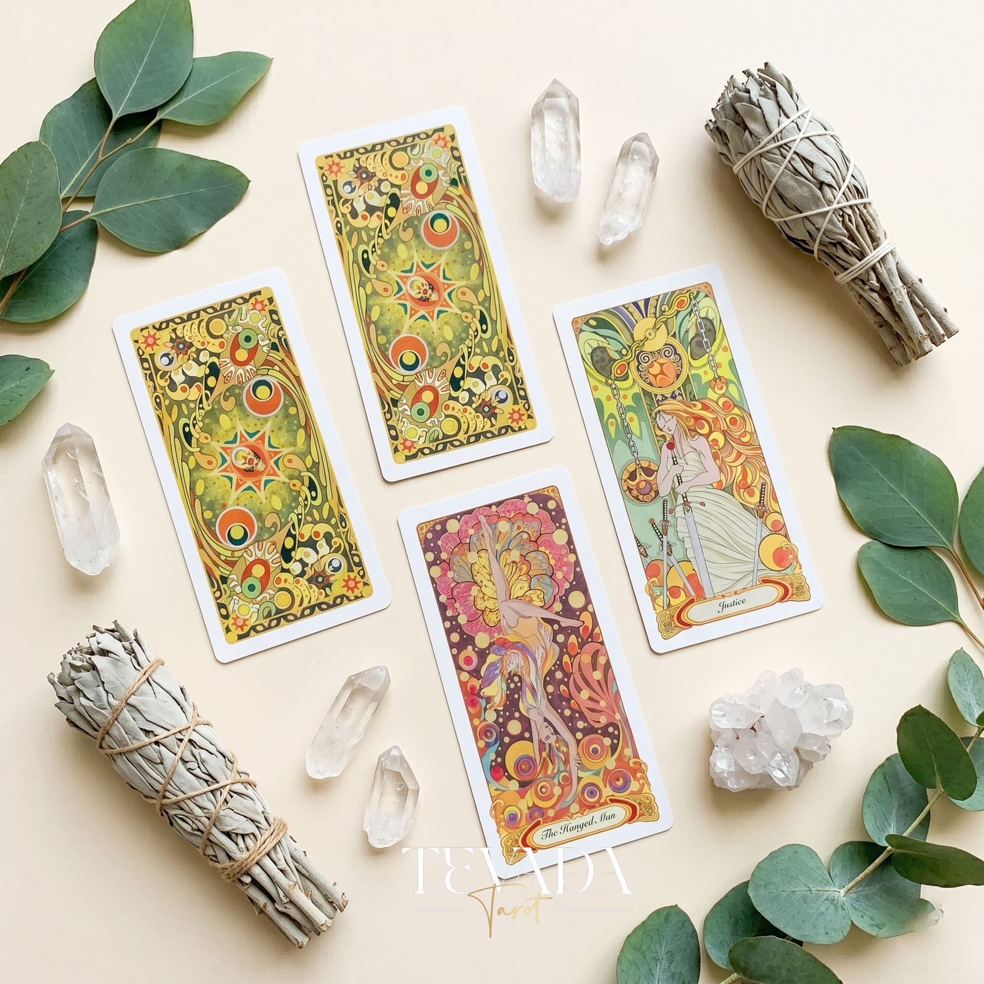 Whispers of Healing Tarot Deck Art Nouveau indie tarot deck with gold foil edges for gentle inner child healing.