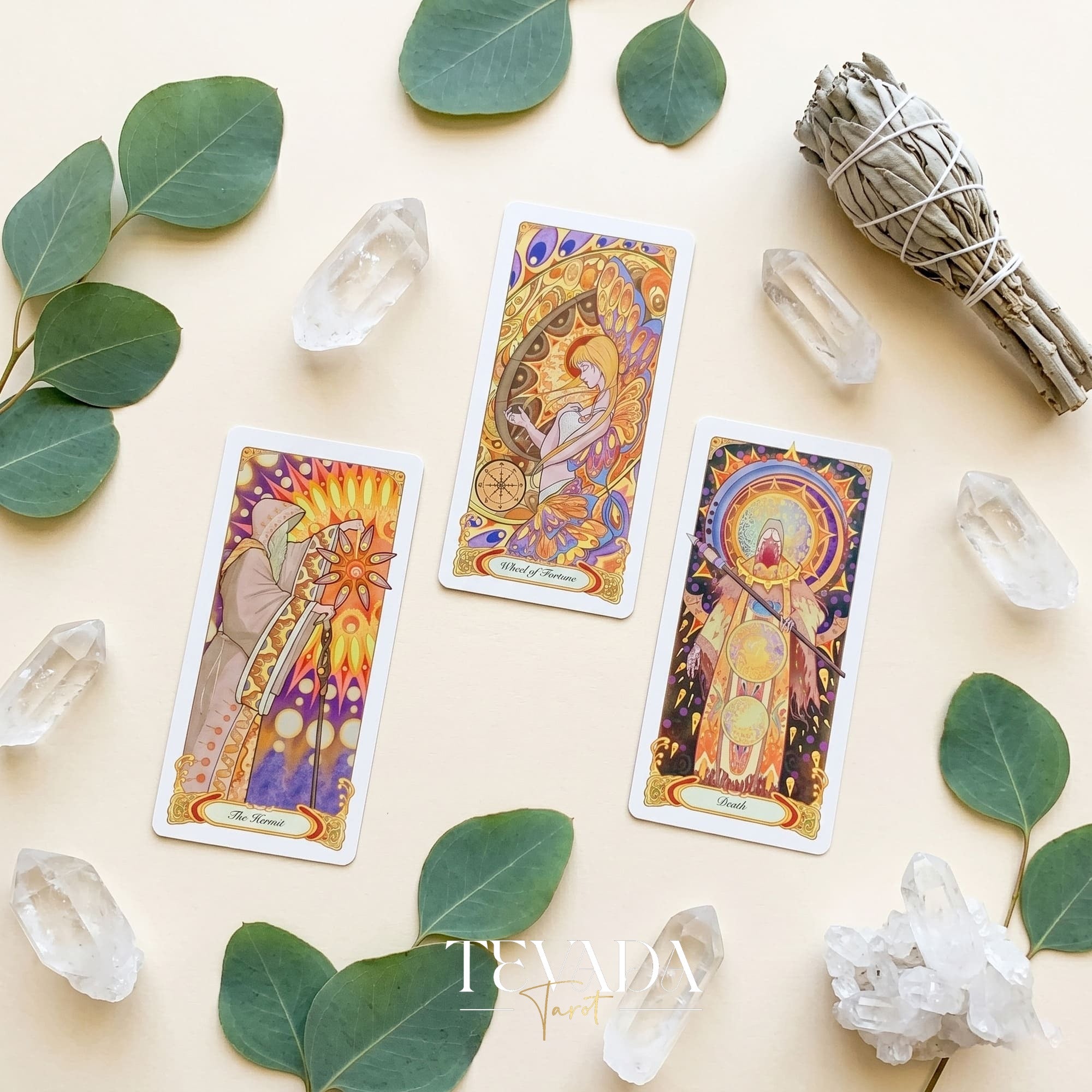Whispers of Healing Tarot Deck Art Nouveau indie tarot deck with gold foil edges for gentle inner child healing.