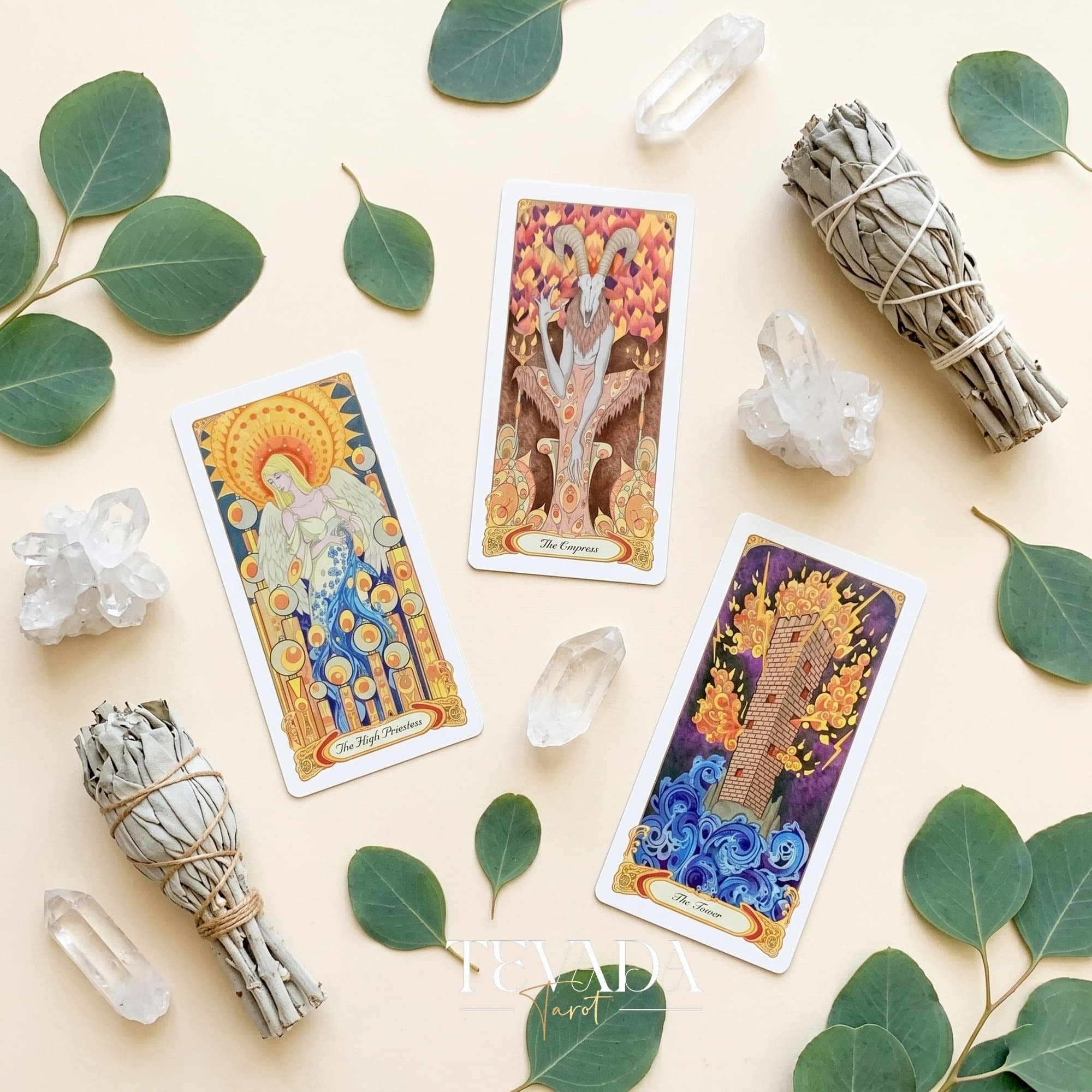 Whispers of Healing Tarot Deck Art Nouveau indie tarot deck with gold foil edges for gentle inner child healing.
