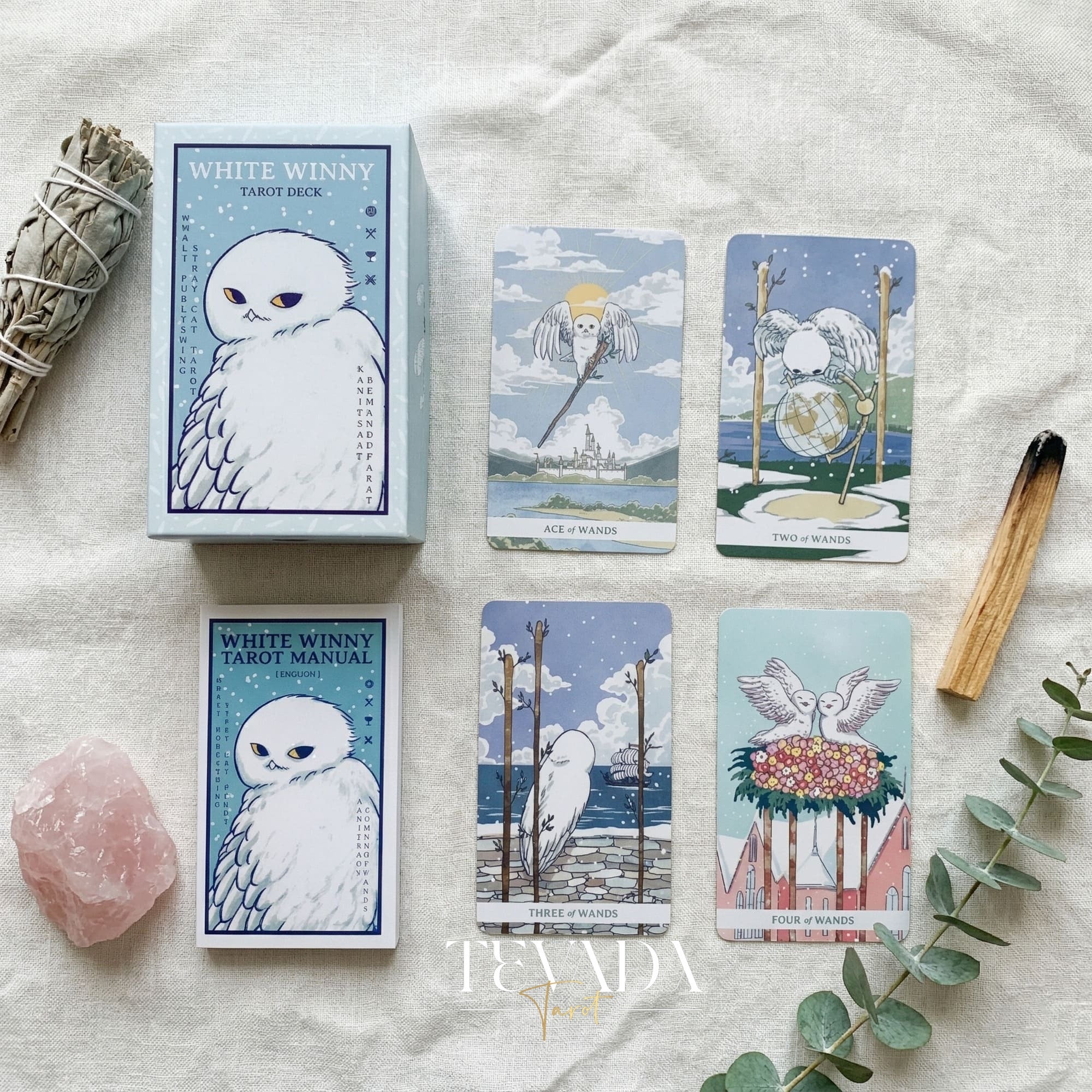 White Winny Tarot whimsical snow owl Indie Tarot Deck for gentle inner child healing and quiet self-reflection.