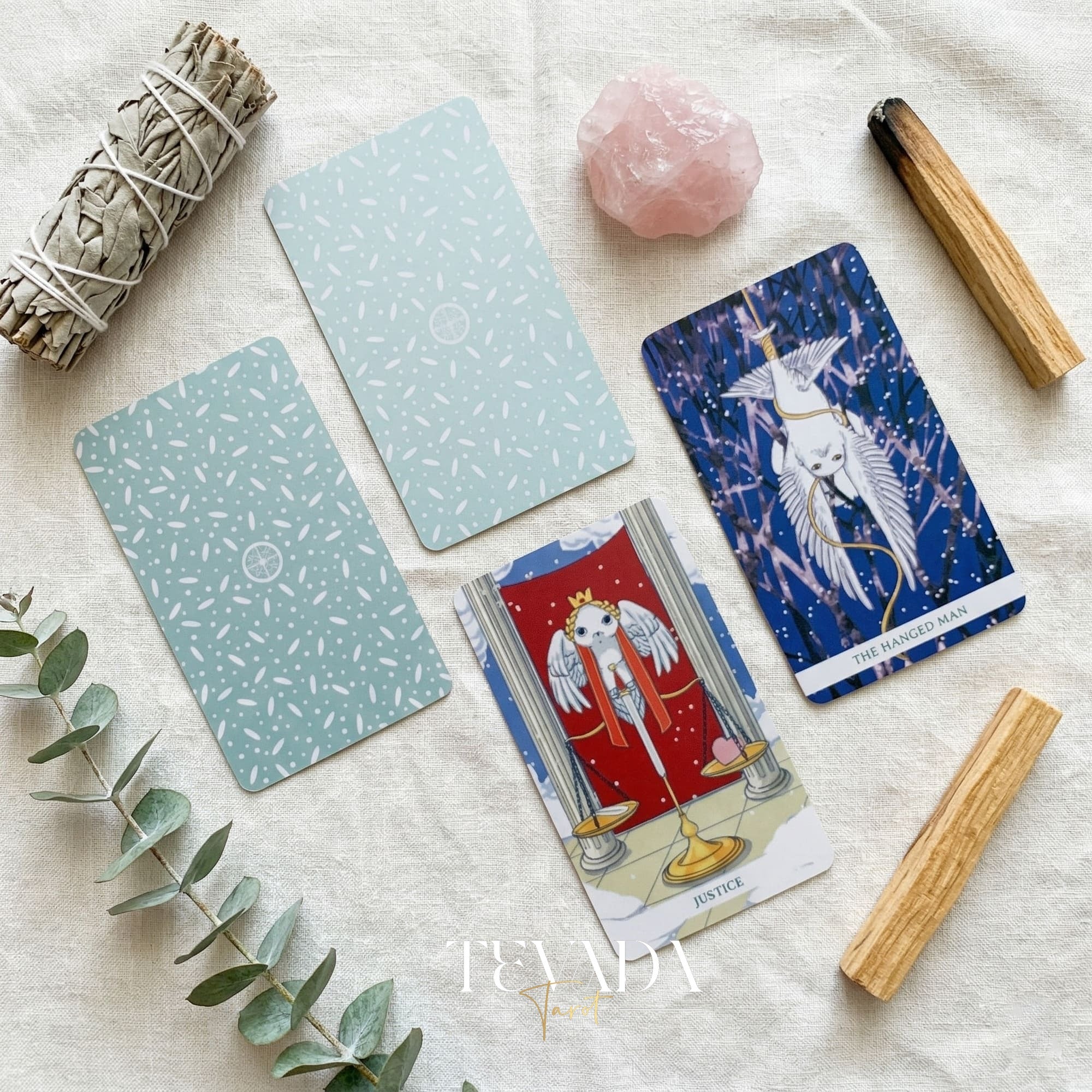 White Winny Tarot whimsical snow owl Indie Tarot Deck for gentle inner child healing and quiet self-reflection.