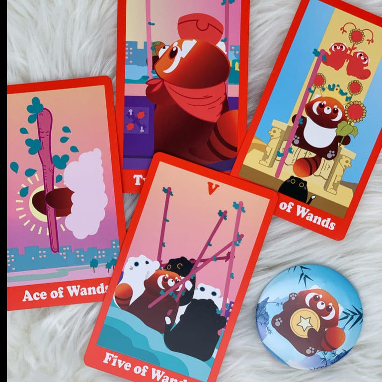Ai the Tarot is a 78 cards tarot that featured cute panda. You will fall in love with the eye catching red color and the beautiful design of the cards. It also comes with Metalic Red Gilded Edge