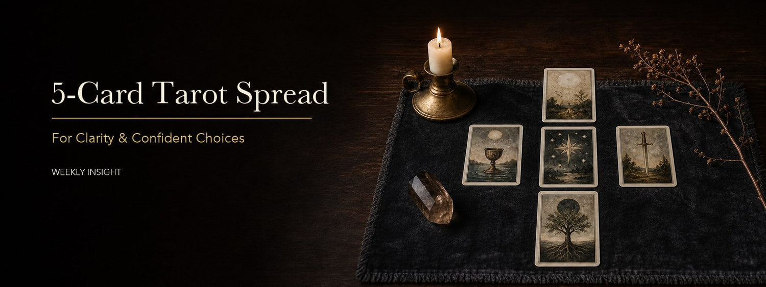 Five tarot cards in a cross layout with candlelight for a 5 card tarot spread for clarity.
