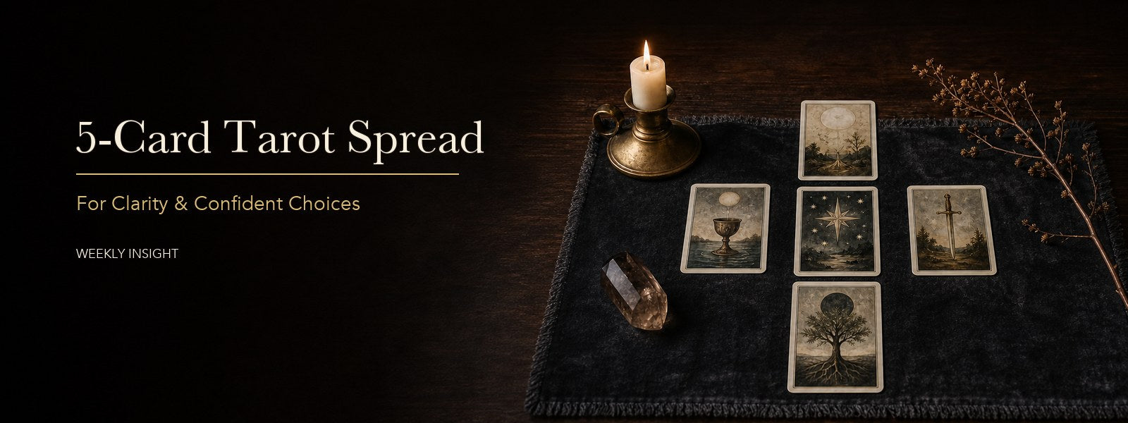 Five tarot cards in a cross layout with candlelight for a 5 card tarot spread for clarity.