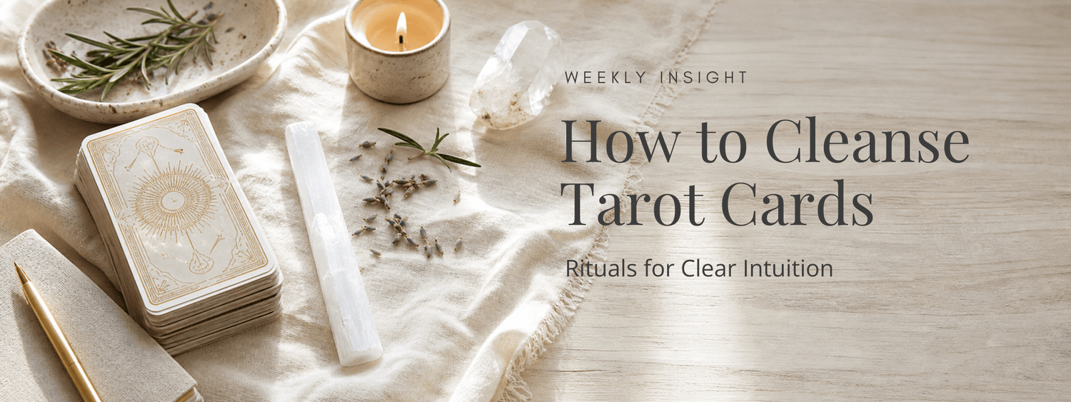 Tarot deck, candle, selenite, and herbs arranged for a ritual on how to cleanse tarot cards.