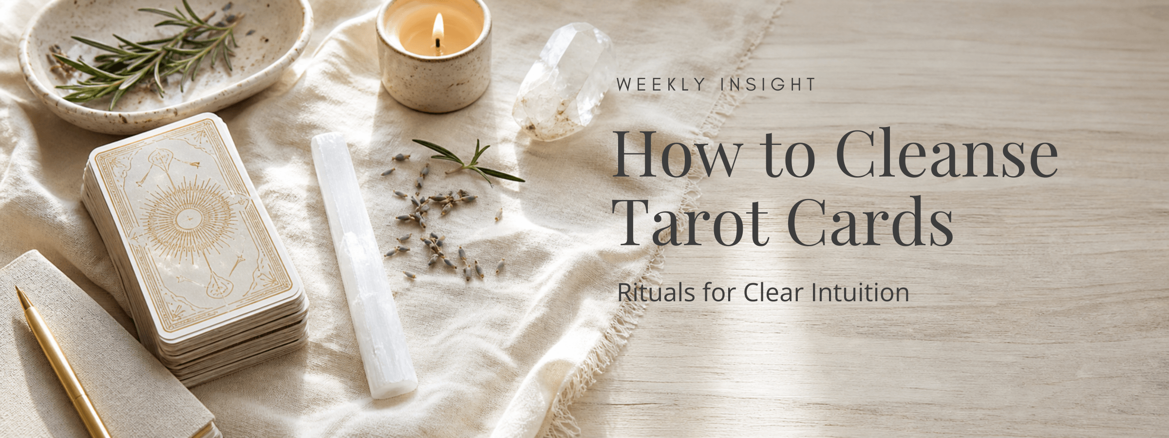 Tarot deck, candle, selenite, and herbs arranged for a ritual on how to cleanse tarot cards.