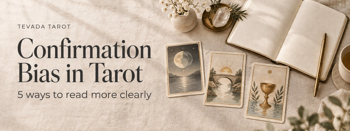 Three symbolic tarot cards beside a journal on ivory linen, with a title introducing confirmation bias in tarot.