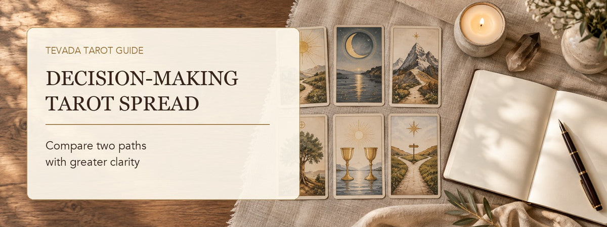 Six tarot cards arranged in two paths beside a journal and candle for a decision-making tarot spread.