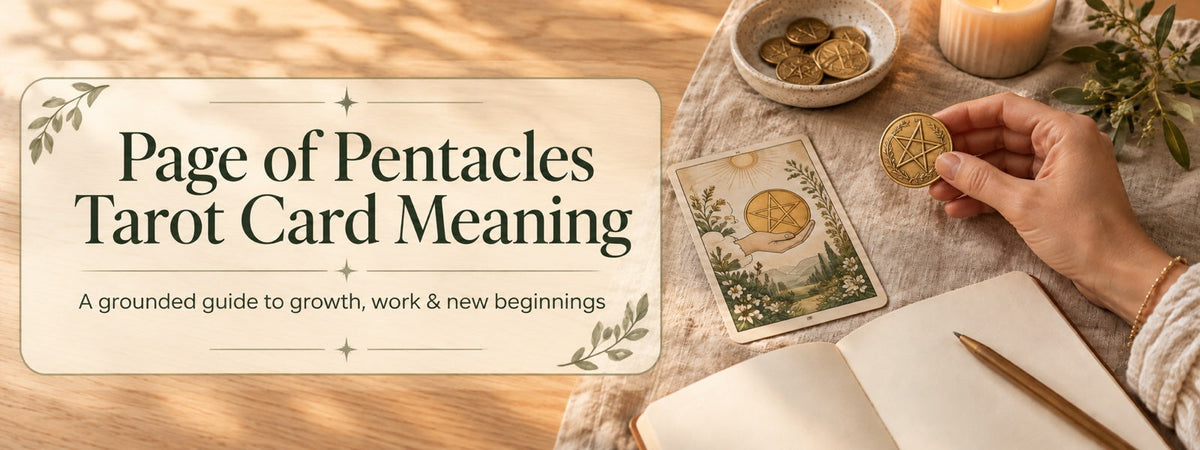 A tarot card with a pentacle, a gold coin, and a blank journal on a sunlit table for a Page of Pentacles reading.