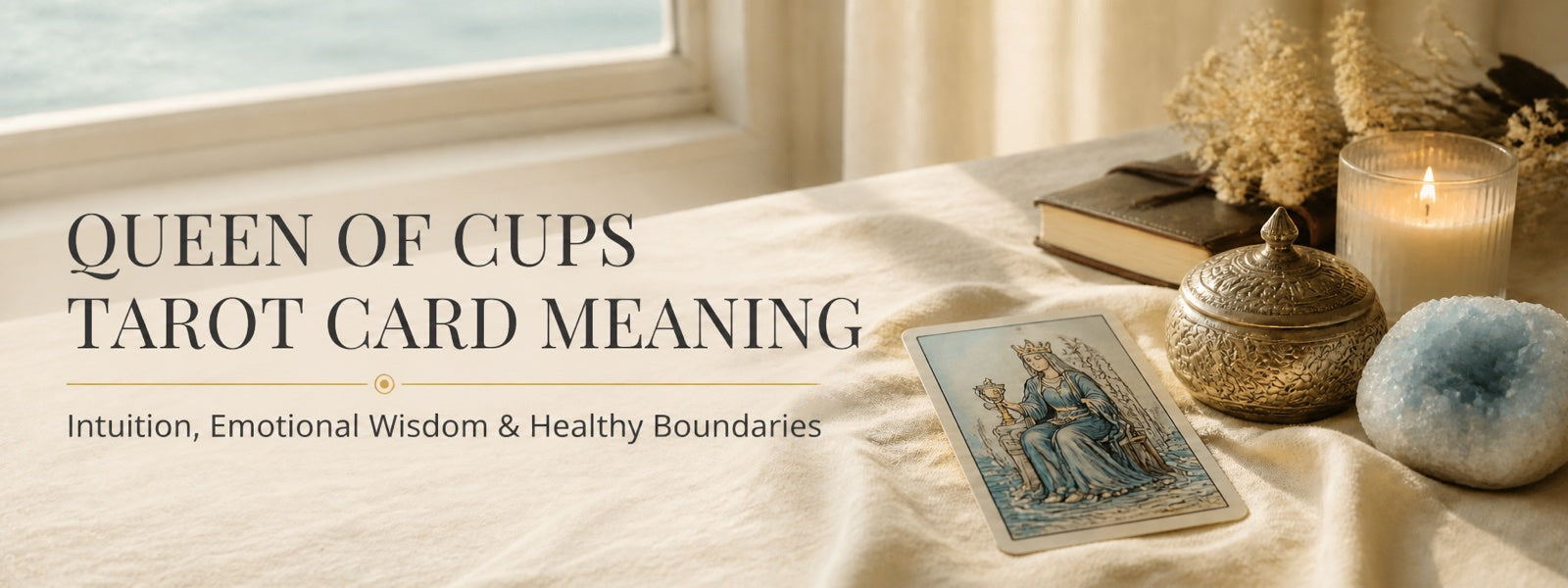 Queen of Cups tarot card beside a lidded cup, candle, journal, and blue crystal in warm natural light.