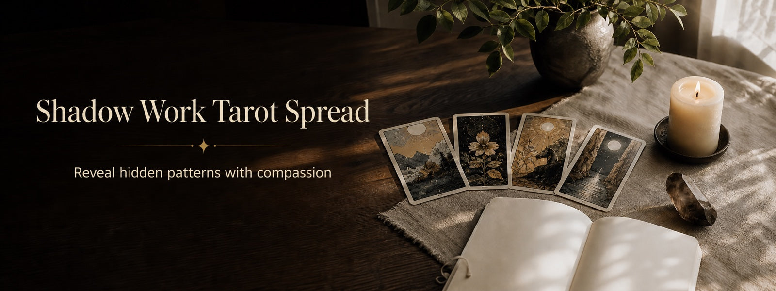 Four tarot cards, a blank journal, candle, and crystal arranged for a gentle shadow work tarot spread.