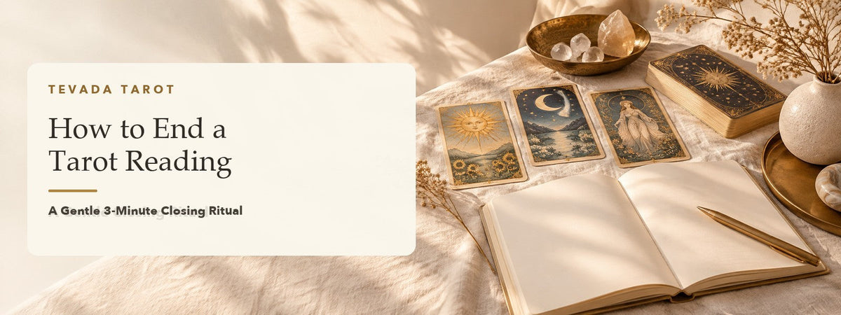 Tarot cards, journal, and brass pen arranged on ivory linen for a gentle tarot reading closing ritual.