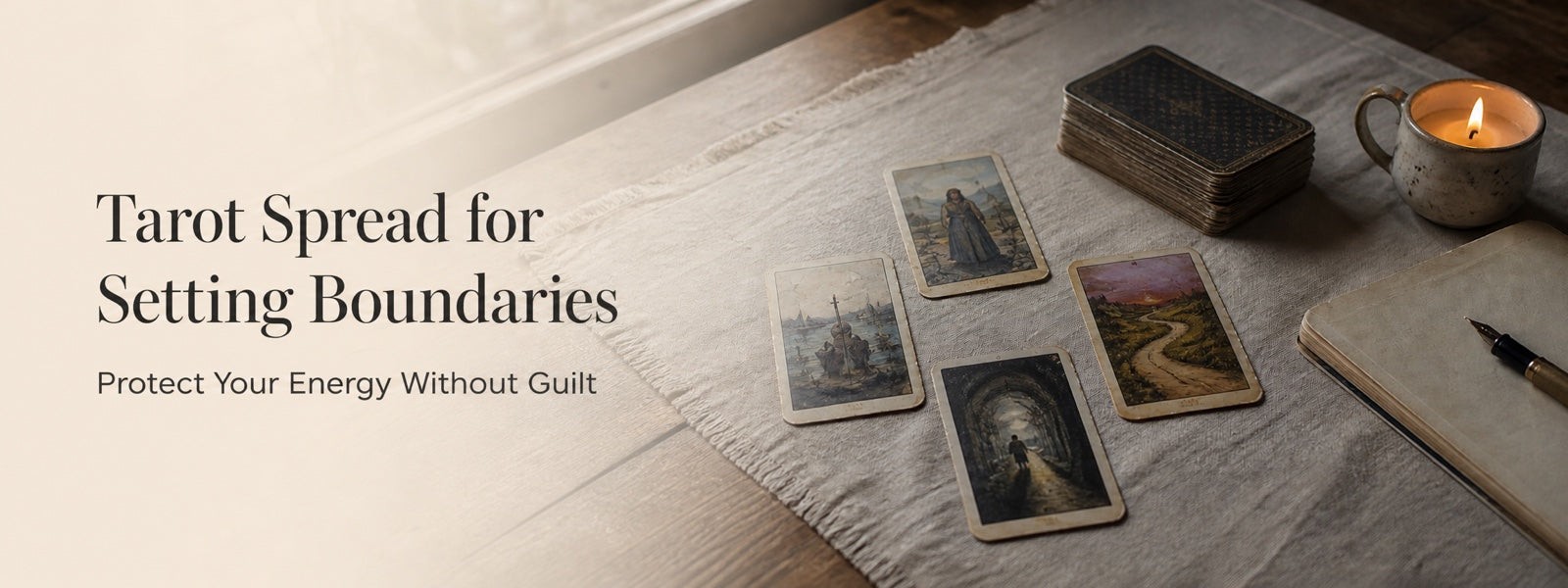 Five tarot cards, a journal, and candle arranged for a tarot spread about setting healthy boundaries.
