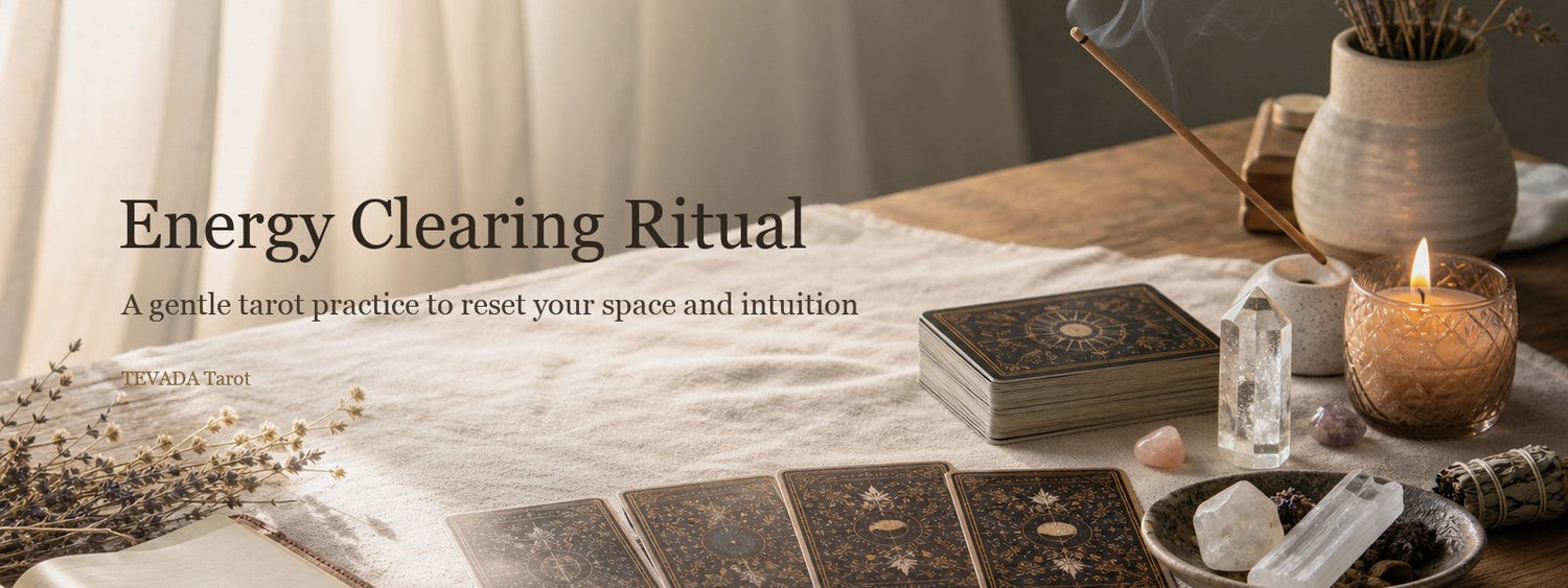 Tarot cards, candle, incense, and crystals arranged for an energy clearing ritual.