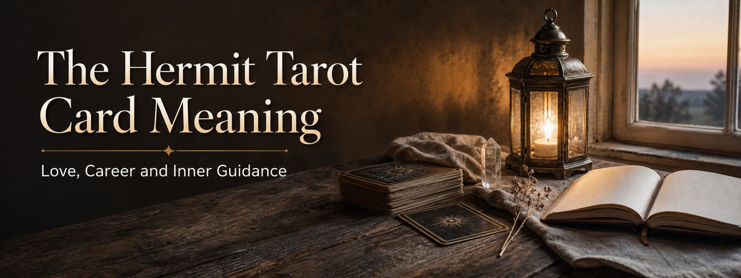 Tarot deck, journal, crystal, and glowing lantern for The Hermit tarot card meaning.