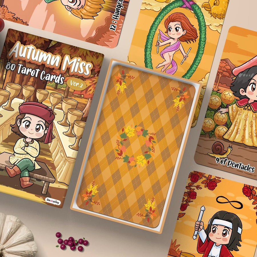 Let the energy of the harvest season guide you with Autumn Miss Tarot V2 - a magical and intuitive deck with stunning illustrations of fallen leaves and whimsical cartoon characters.