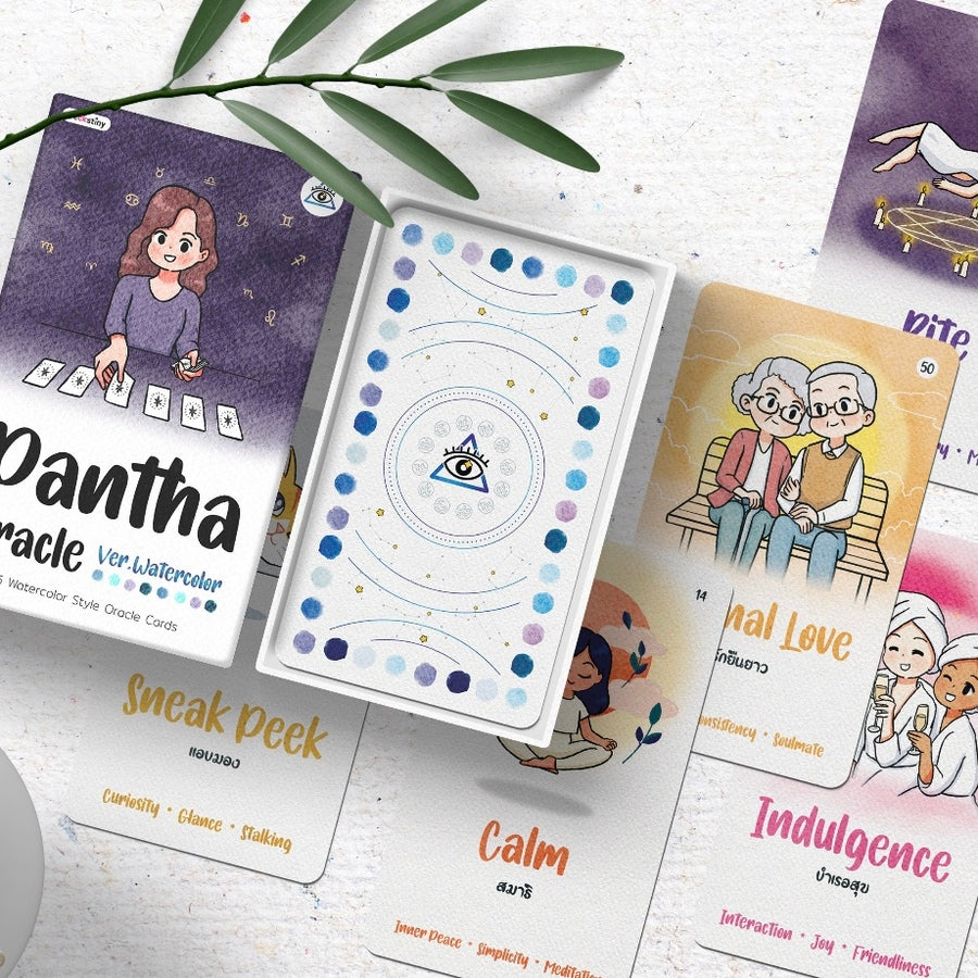 Experience the magic of Pantha Oracle, a delightful collection of 85 cartoon oracle cards. Immerse yourself in the captivating watercolor illustrations and let the Thousand Eyes guide you to intuitive answers. These cute oracle cards, adorned with stunning 3D blue edging, offer a charming and relatable journey of self-discovery.