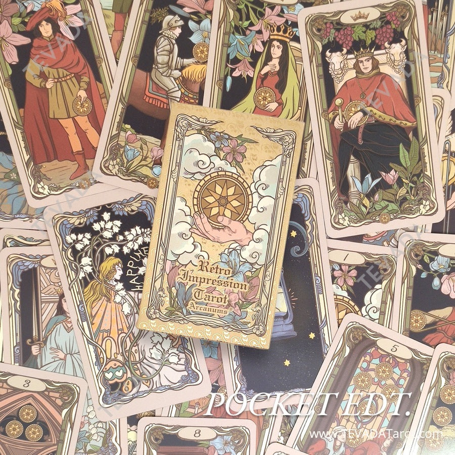 Immerse yourself in the beauty of Retro Impression Tarot POCKET. Compact deck with exquisite Art Nouveau-inspired artwork. Experience the magic of tarot anytime, anywhere with this captivating and beautiful pocket-sized deck.