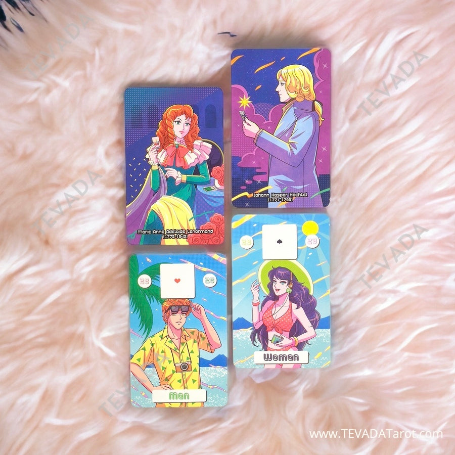 Experience the nostalgic allure of the Back to 80s Lenormand deck - a whimsical and intuitive cartoon tarot deck that brings vibrant 80s Japanese-style girls' comics to life!
