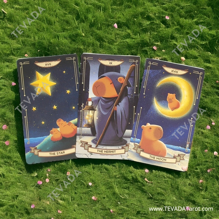 Explore the world of divination with the Capybarot Tarot deck! Featuring 78 adorable cards inspired by the world's largest rodents, this deck is perfect for those looking for a playful and intuitive approach to tarot reading. Discover the magic of these cute creatures and let them guide you on your spiritual journey.
