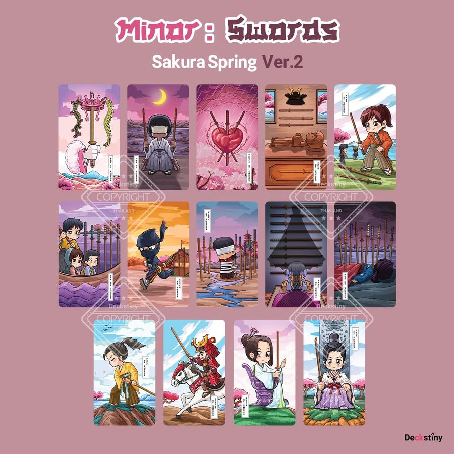 Discover the magical world of Sakura Spring Tarot V2! This 78-card tarot deck features Japanese traditional characters in a cute cartoon style, all set against a beautiful sakura pink backdrop with 3D glitter pink edging. Perfect for beginners and experienced readers alike, this deck is intuitive, playful, and sure to inspire your creativity.