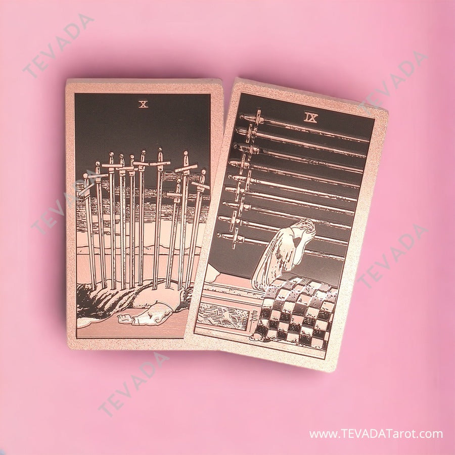 Gold Foil Tarot PINK, where tradition meets elegance. Experience a divination renaissance with our contemporary, rose-gold stamped Rider-Waite Tarot deck.