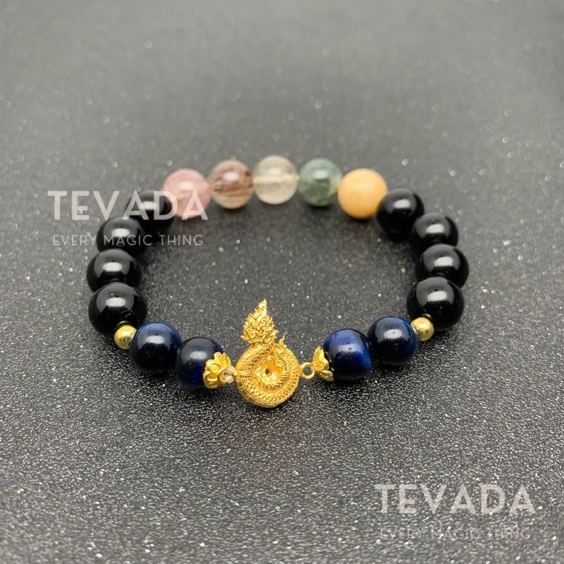 Embrace power and protection with the GOLDEN NAGA Lucky Beads Gemstone Bracelet. Featuring Lapis Lazuli and Black Onyx, this bracelet is a symbol of strength and prosperity