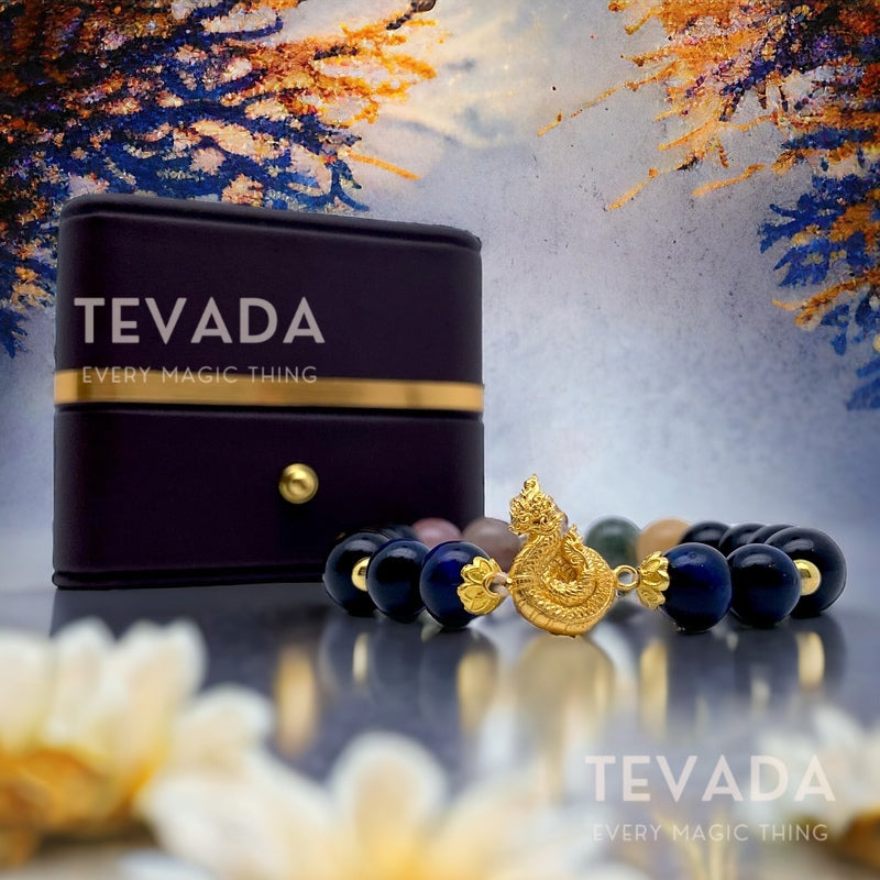 Embrace power and protection with the GOLDEN NAGA Lucky Beads Gemstone Bracelet. Featuring Lapis Lazuli and Black Onyx, this bracelet is a symbol of strength and prosperity