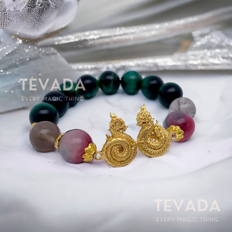 Adorn yourself with the Lucky Beads Gemstone Bracelet DUO NAGA, a fusion of spiritual power and elegance. Featuring tri-color jade and cat&