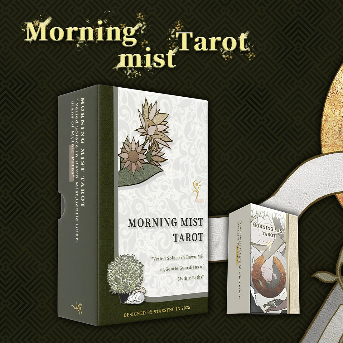 Morning Mist Tarot Deluxe stained glass indie tarot cards with gold holographic edges for gentle shadow work and healing.