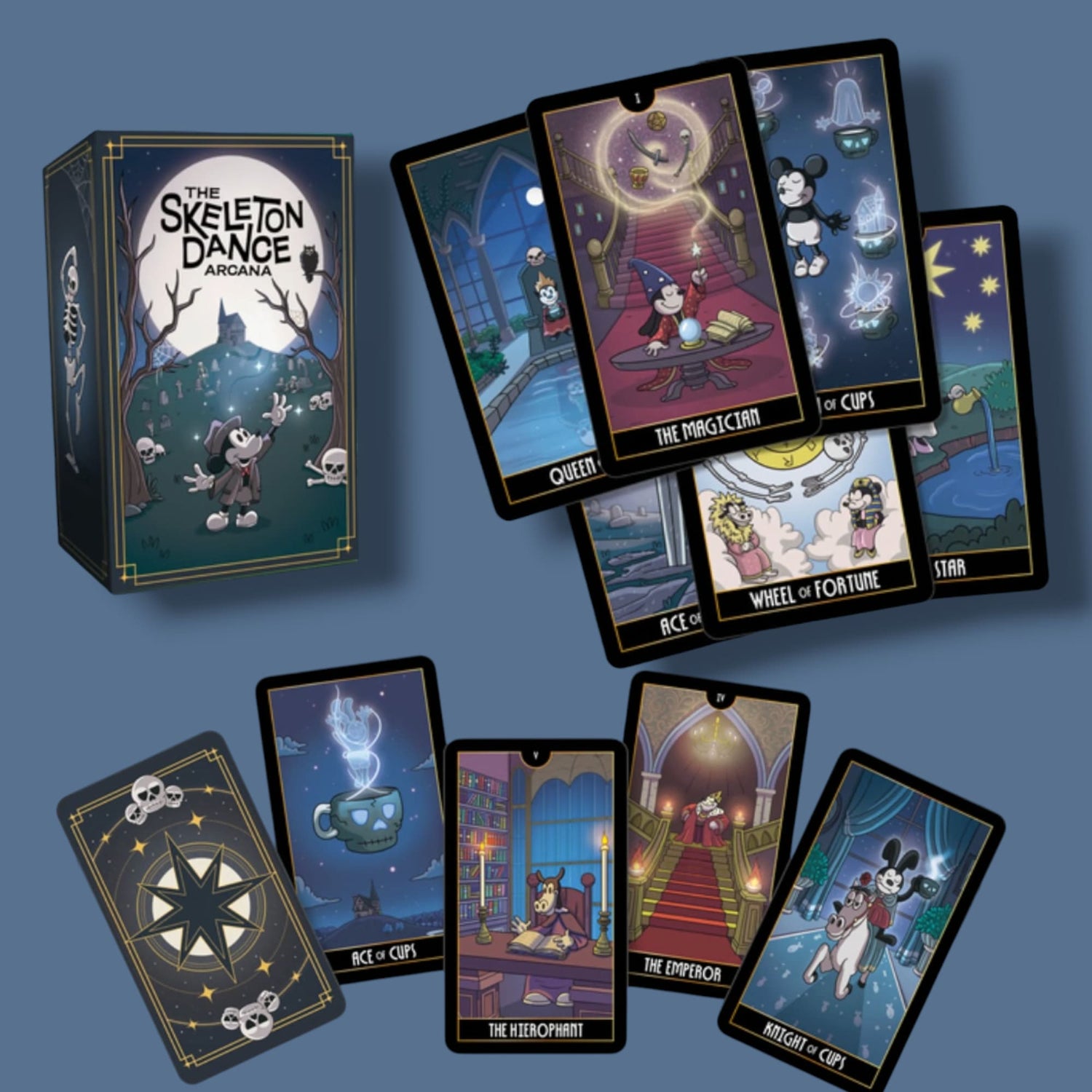 The Skeleton Dance Arcana Tarot whimsical gothic cartoon indie tarot deck for inner child healing and playful shadow work.