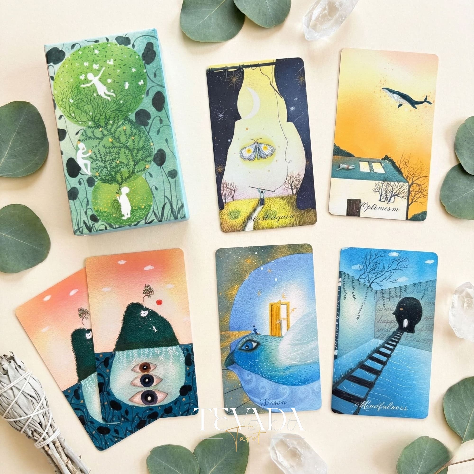 49 Shades of Mind Oracle Deck con suaves dibujos animados y temas de terapia de color para la curación emocional.