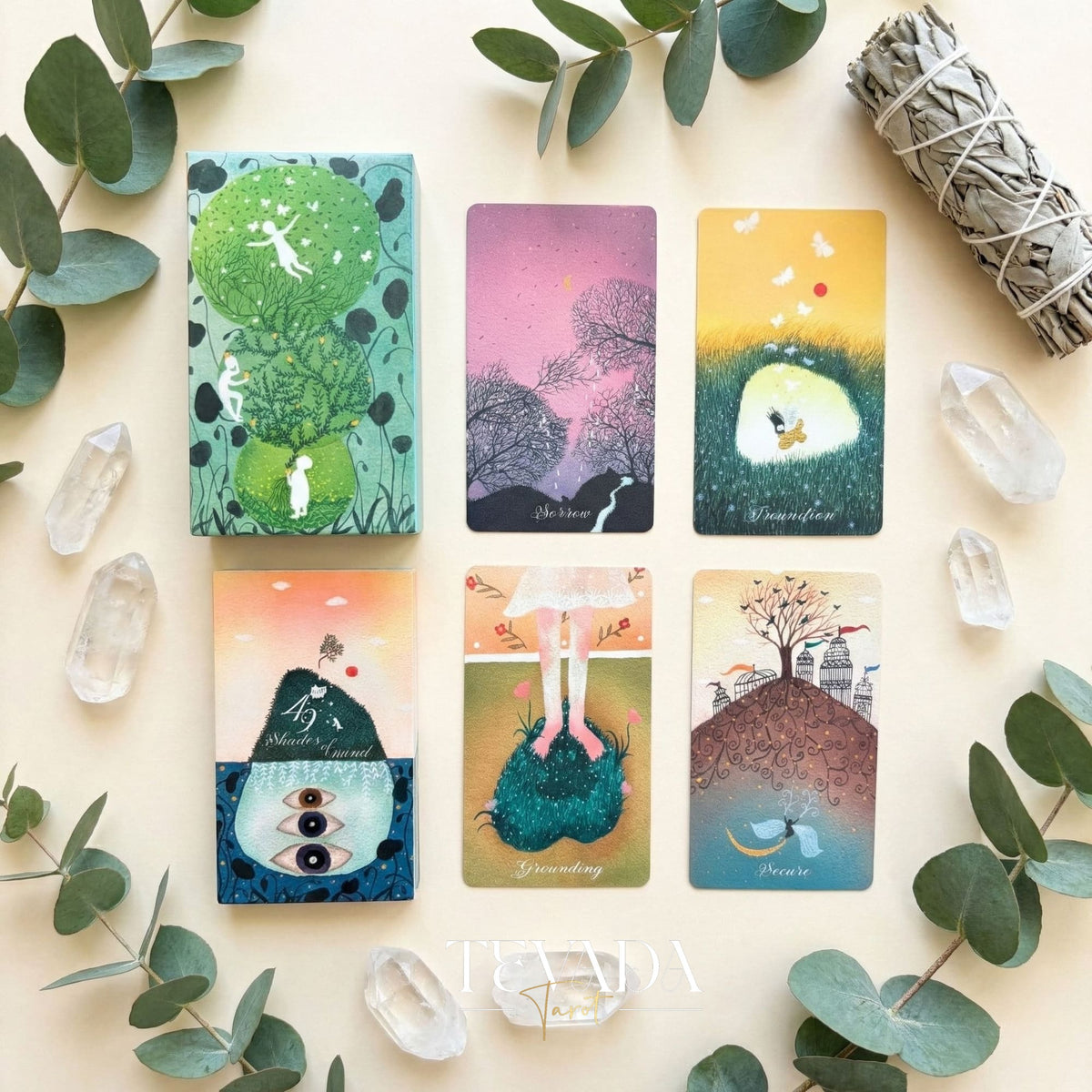 49 Shades of Mind Oracle Deck con suaves dibujos animados y temas de terapia de color para la curación emocional.