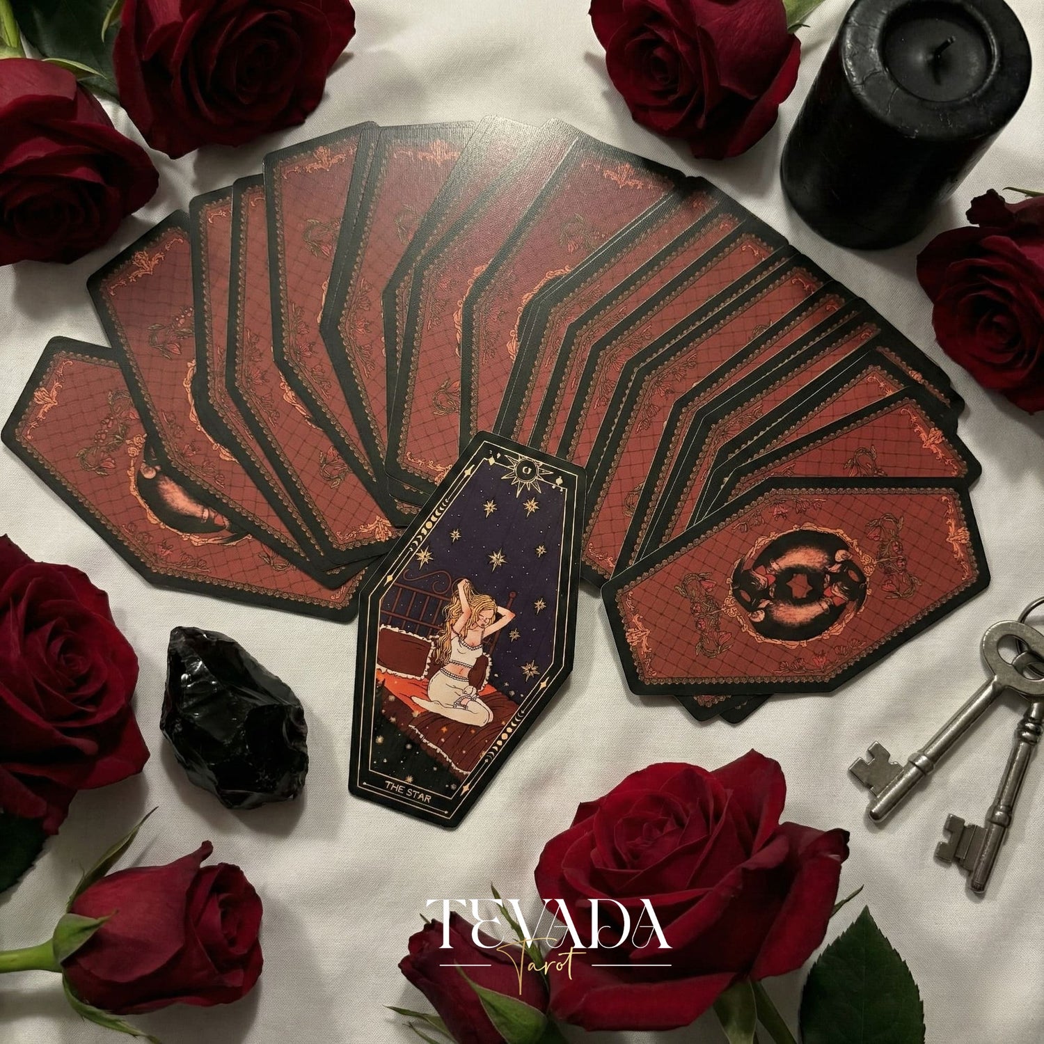 Aisling Tarot Gilded Edt featuring gothic violin art and coffin box for shadow work divination.