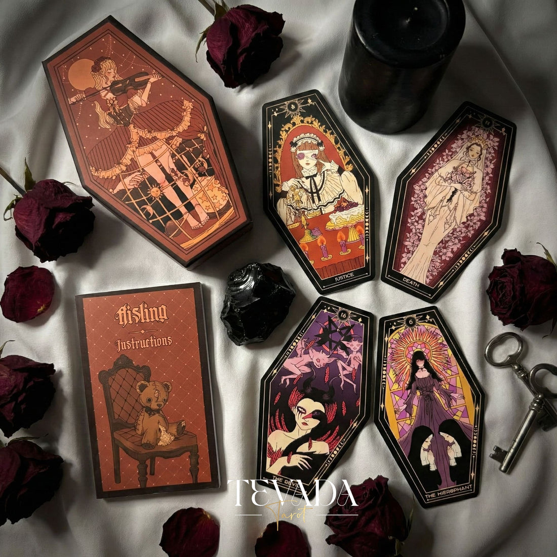 Aisling Tarot Gilded Edt featuring gothic violin art and coffin box for shadow work divination.