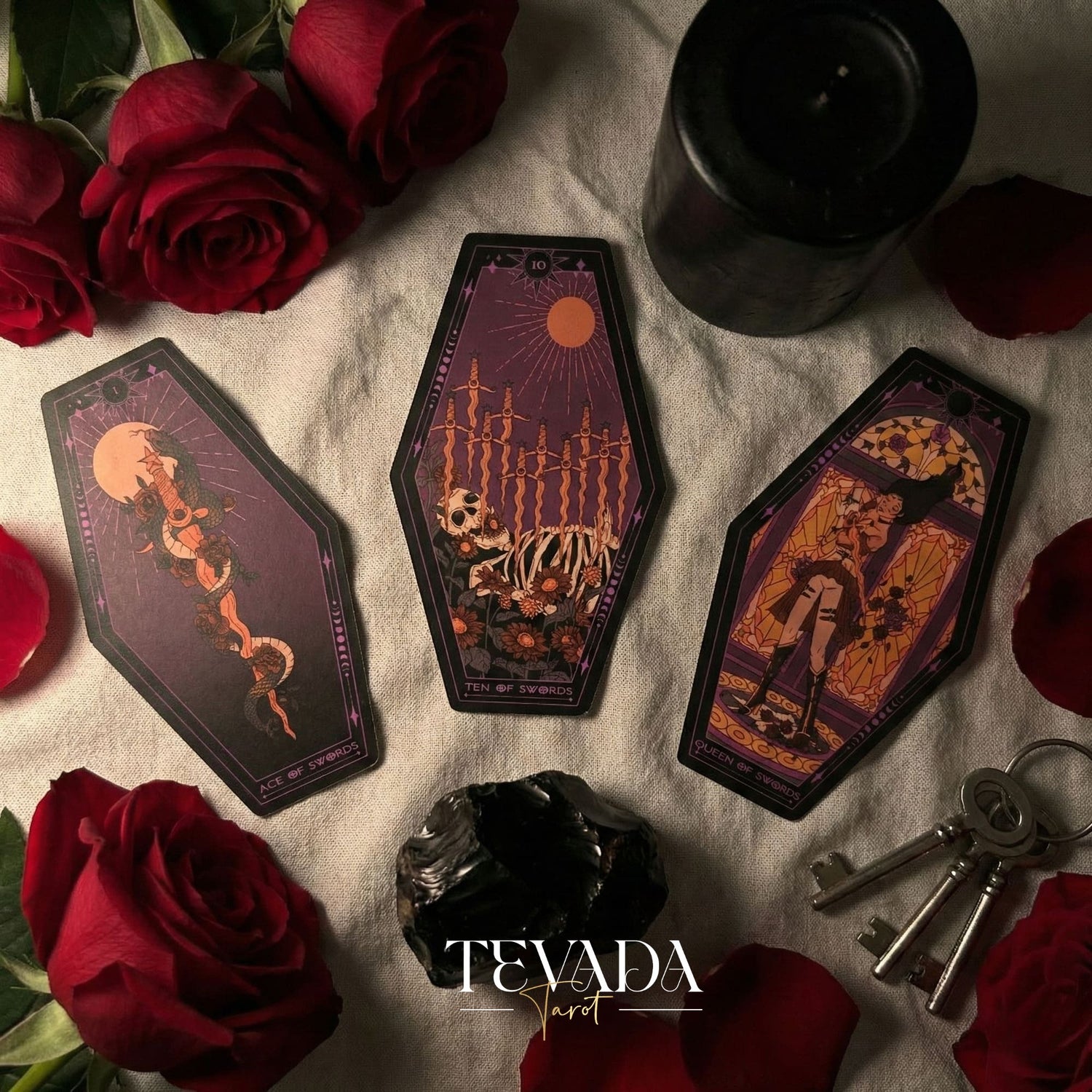 Aisling Tarot Gilded Edt featuring gothic violin art and coffin box for shadow work divination.