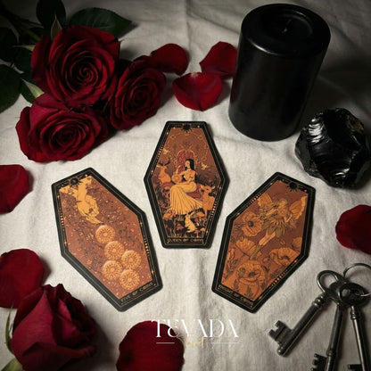 Aisling Tarot Gilded Edt featuring gothic violin art and coffin box for shadow work divination.