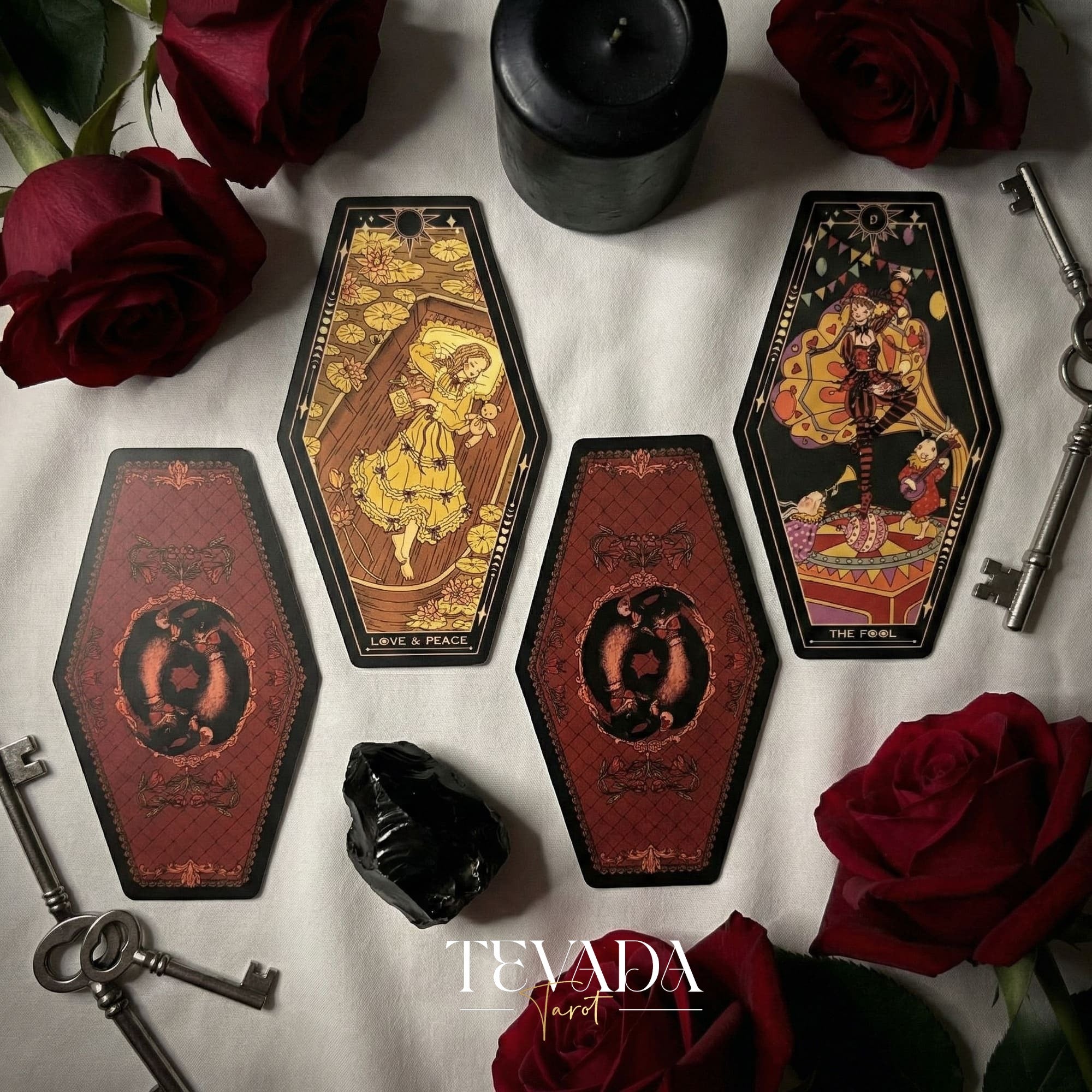 Aisling Tarot Gilded Edt featuring gothic violin art and coffin box for shadow work divination.