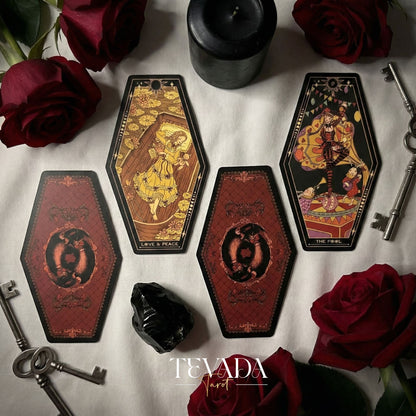 Aisling Tarot Gilded Edt featuring gothic violin art and coffin box for shadow work divination.