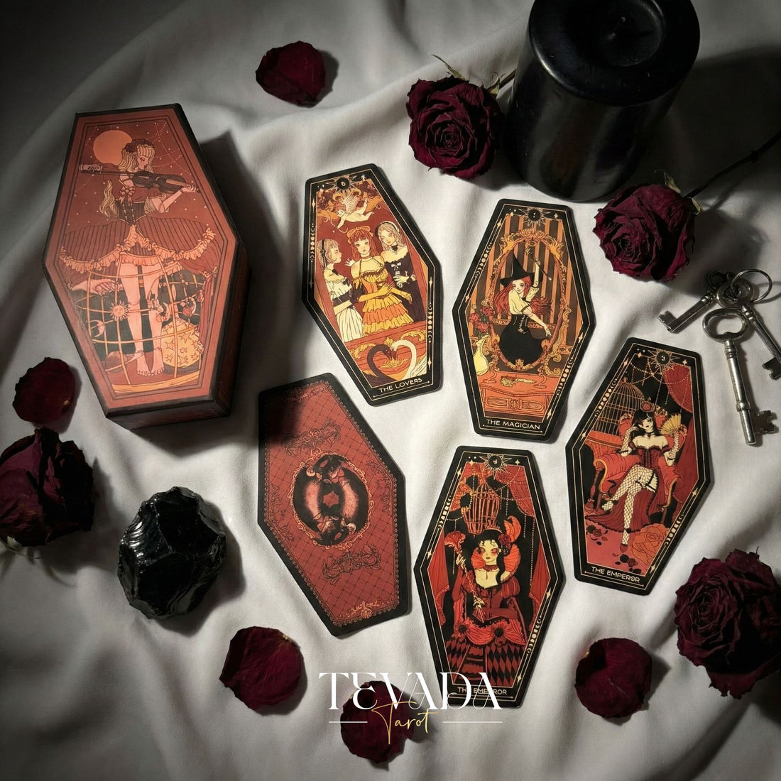 Aisling Tarot Gilded Edt featuring gothic violin art and coffin box for shadow work divination.