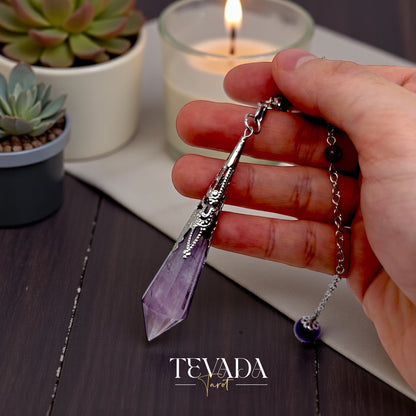 Healing Amethyst Pendulum Necklace in natural violet stone for anxiety relief and dowsing rituals.