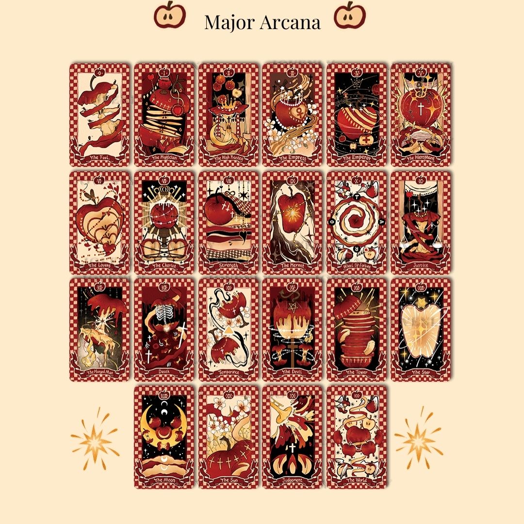 Discover the Apple Tarot DELUXE deck featuring 78 cards in a cute magical red theme. Dive into intuitive readings with designs inspired by the apple’s wisdom vitality and timeless symbolism.