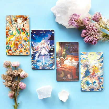 Discover the Cardamom Dreams Tarot COMMON Edition—78 pastel anime-inspired cards offering clarity, inspiration, and whimsical guidance for magical everyday readings.