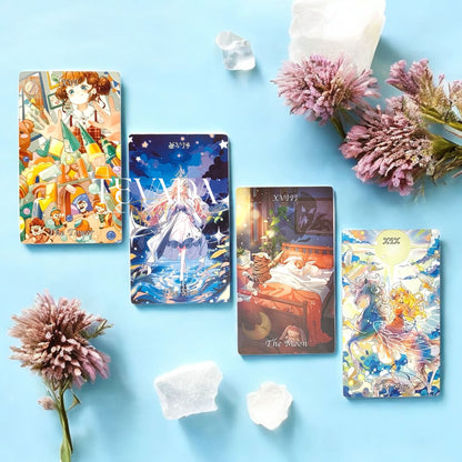 Discover the Cardamom Dreams Tarot COMMON Edition—78 pastel anime-inspired cards offering clarity, inspiration, and whimsical guidance for magical everyday readings.