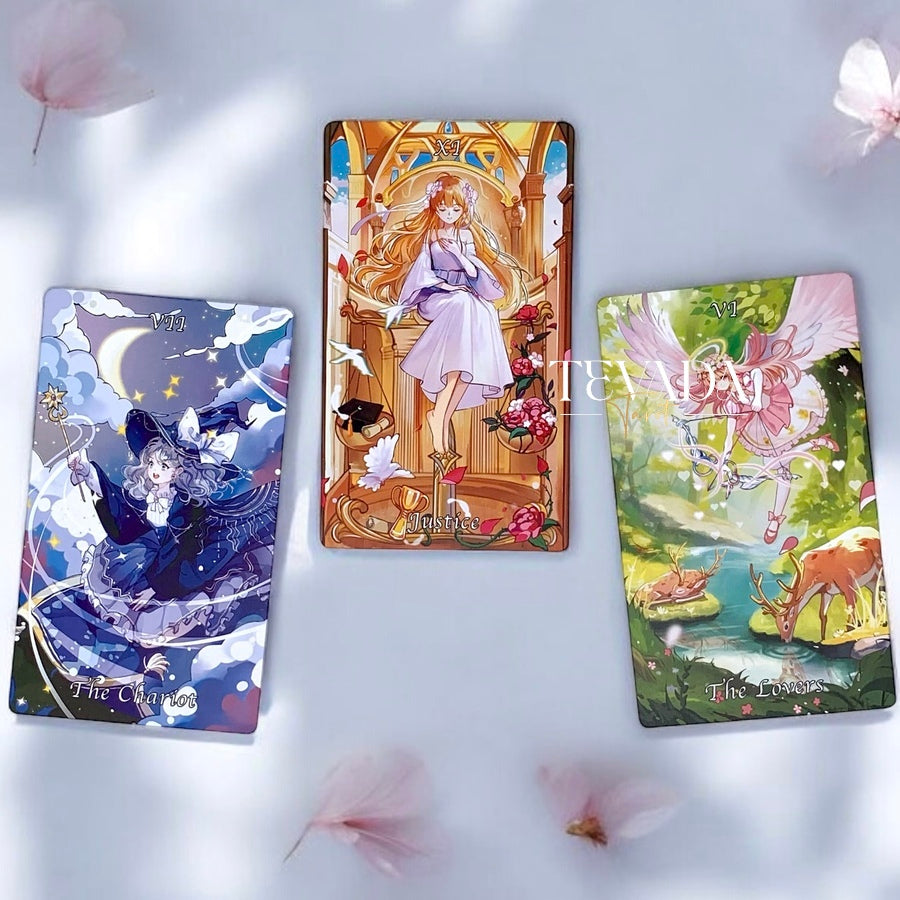 Discover the magical Cardamom Dreams Tarot DELUXE: 78 pastel, fairy, and anime-themed cards for intuitive readings and personal growth. Perfect for both beginners and experienced tarot readers.