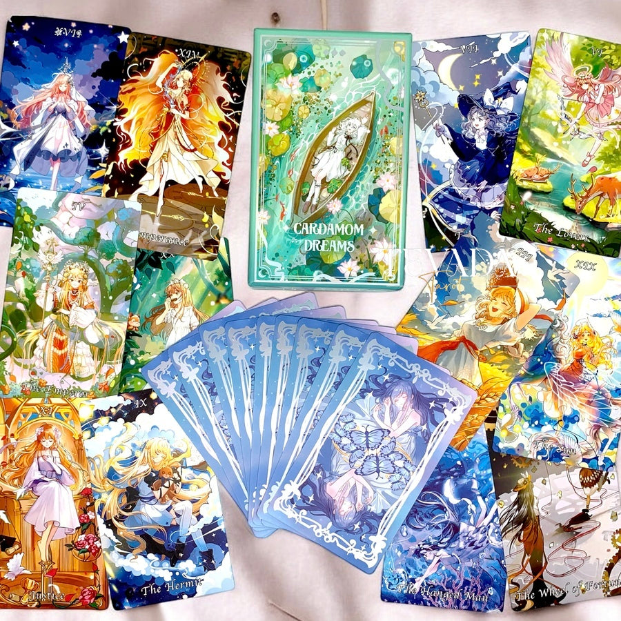 Discover the magical Cardamom Dreams Tarot DELUXE: 78 pastel, fairy, and anime-themed cards for intuitive readings and personal growth. Perfect for both beginners and experienced tarot readers.