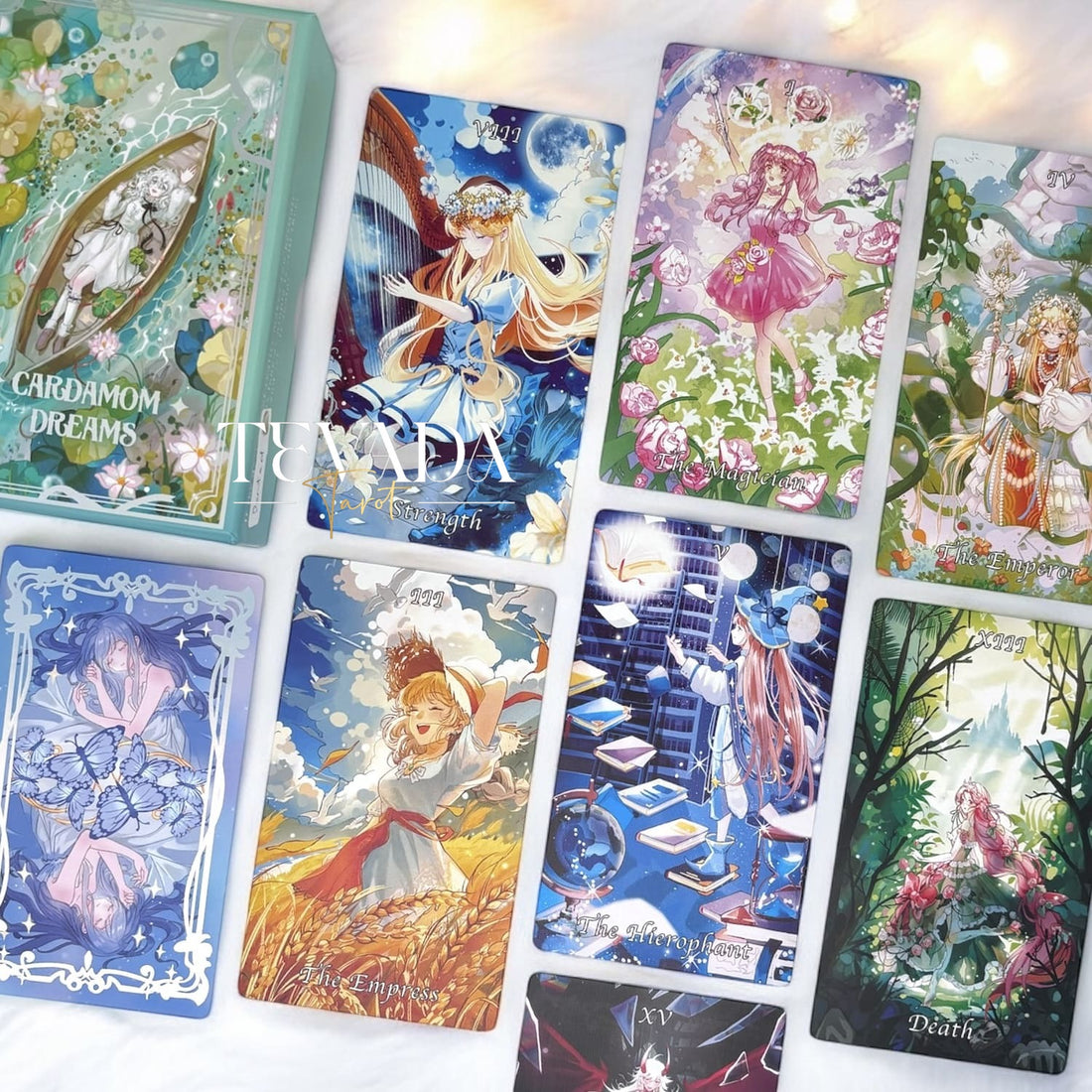 Discover the magical Cardamom Dreams Tarot DELUXE: 78 pastel, fairy, and anime-themed cards for intuitive readings and personal growth. Perfect for both beginners and experienced tarot readers.