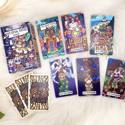 Cat Star Tales Tarot – A 78-card deck of hand-drawn feline magic, blending fairy tale charm with intuitive guidance for deep, dreamy readings and self-discovery.