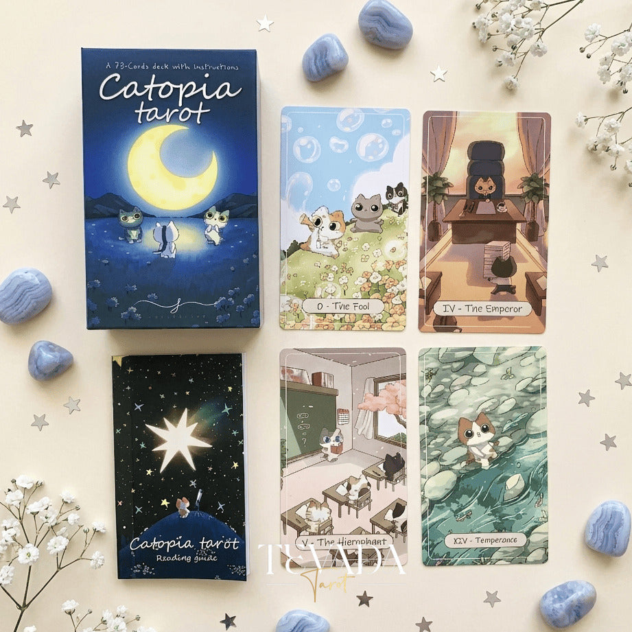 Catopia Tarot II featuring whimsical cat artwork on smooth cardstock for healing and playful divination.